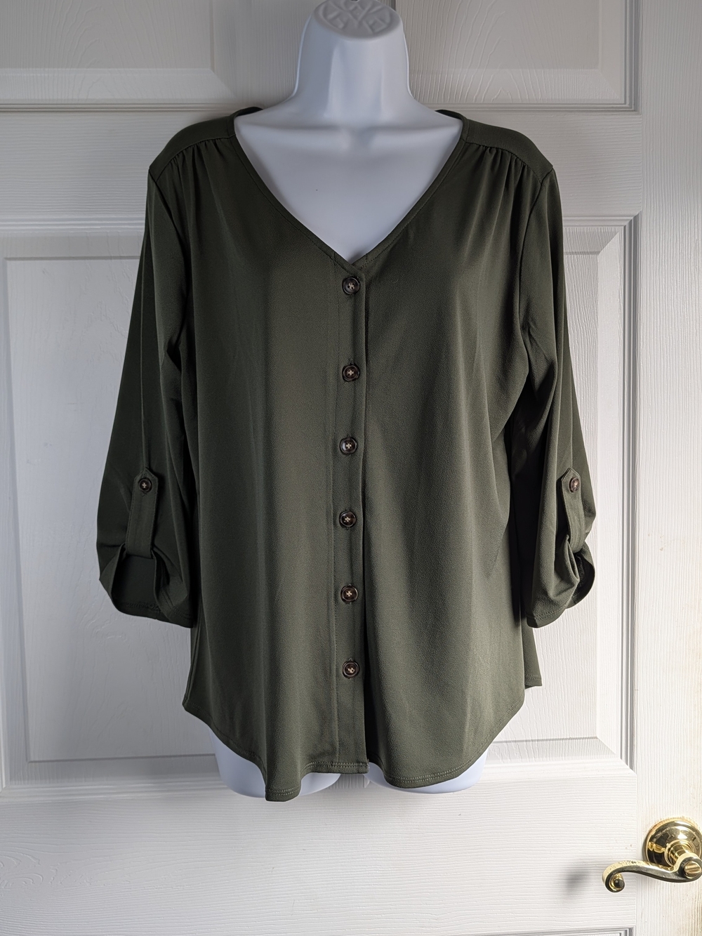 Fortune + Ivy Medium Olive Green Button-Front V-Neck Women's Shirt